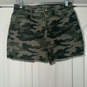 Universal Thread Camo High-Rise Jean Shorts in Olive & Dark Green